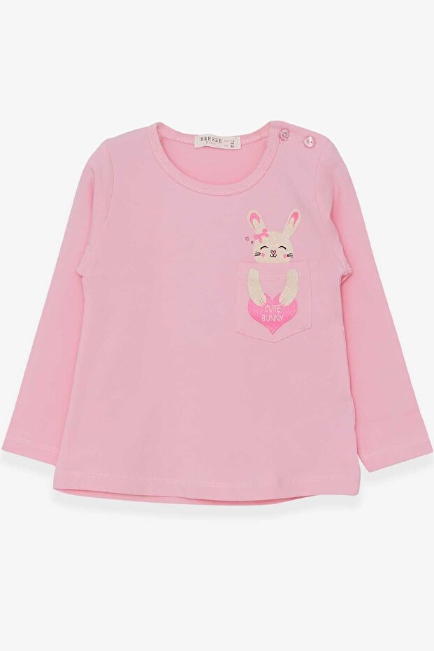 Girl's Long Sleeve T-Shirt with Pockets, Bunny Printed, Age 1.5-5, Powder