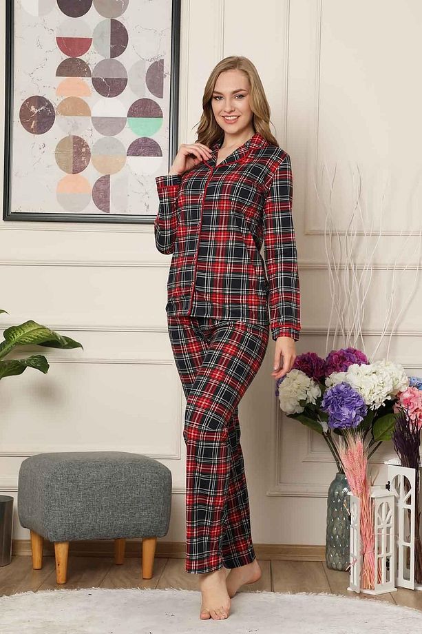 Kareli Önden Düğmeli Uzun Kollu  Pijama Takımı 2523UY - 1