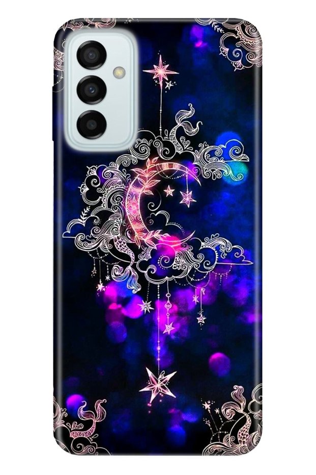 Samsung Galaxy M23 Compatible Case 0.4mm Laser Cut Silicone Cover Crescent Star Neon Mandala