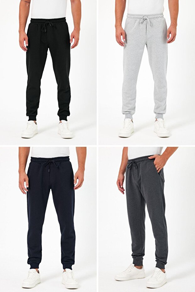 Thick Black-Navy-Grey-Anthracite Men's 4-Piece Sweatpants Jogger with Back Pocket and Elastic Leg Regular Fi