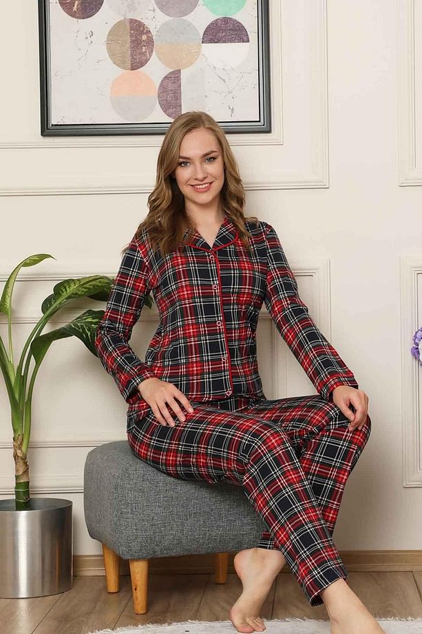 Kareli Önden Düğmeli Uzun Kollu  Pijama Takımı 2523UY - 6