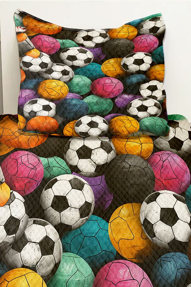 Renkli Toplar Futbol Desenli Erkek Çocuk Tek Kişilik Pike Takımı Kapitoneli Yatak Örtüsü - 3