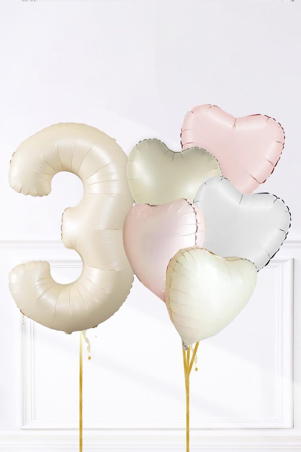 Satin Pink White Retro Cream Colors Birthday Balloon Set with Heart and Age Numbers