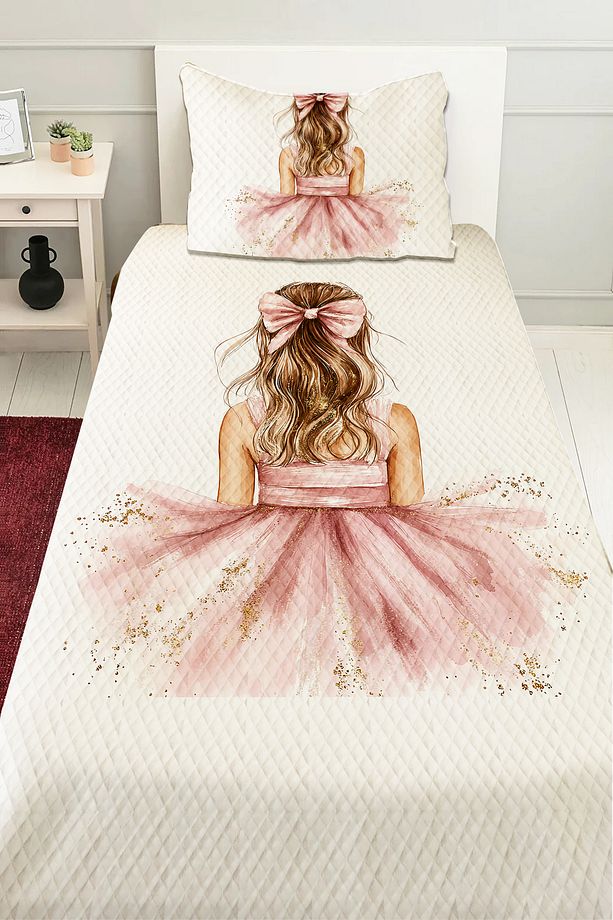 Pembe Fiyonklu Sarı Kız Desenli Çocuk Tek Kişilik Pike Takımı Kapitoneli Yatak Örtüsü - 1
