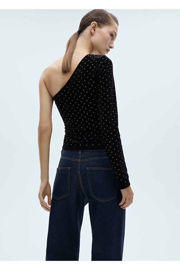 Asymmetrische Samtbluse mit Strasssteinen - 4