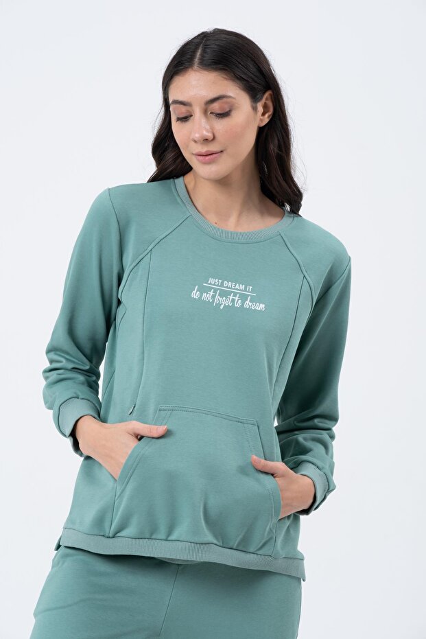 Pregnant Women Breastfeeding Detailed Three Thread Tracksuit Set Mi̇ntyeşi̇li̇