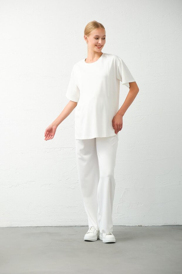 Maternity Yüksel Short Sleeve Breastfeeding Detailed Wide Leg Tracksuit Set White