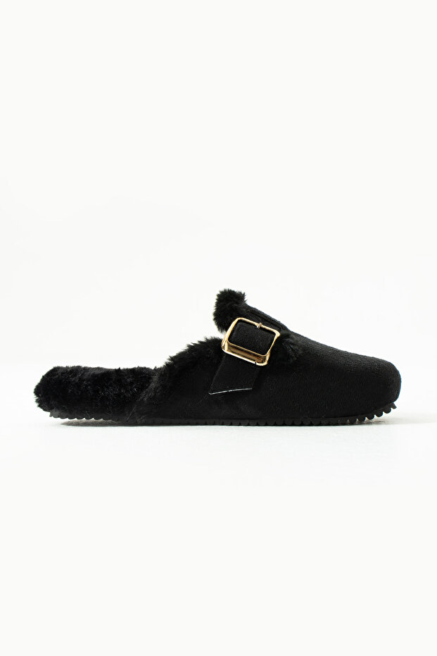 Black Suede Buckle Inside Plush Slippers - 6