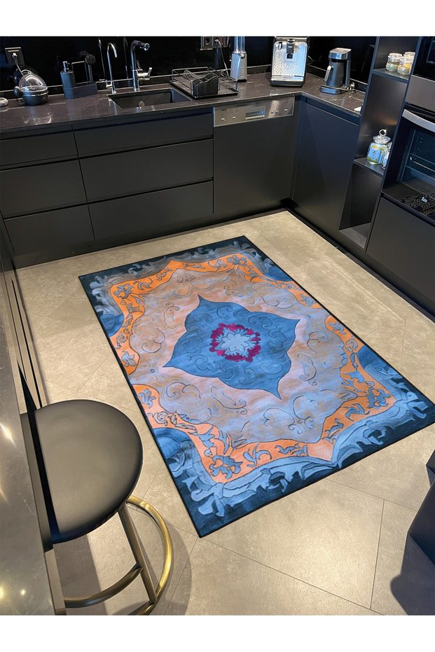 Paris Collection Blue Themed Traditional Motif Patterned Vintage Decorative Carpet 120