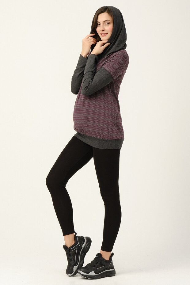 Hamile Kapüşonlu Sweatshirt Mor - 1