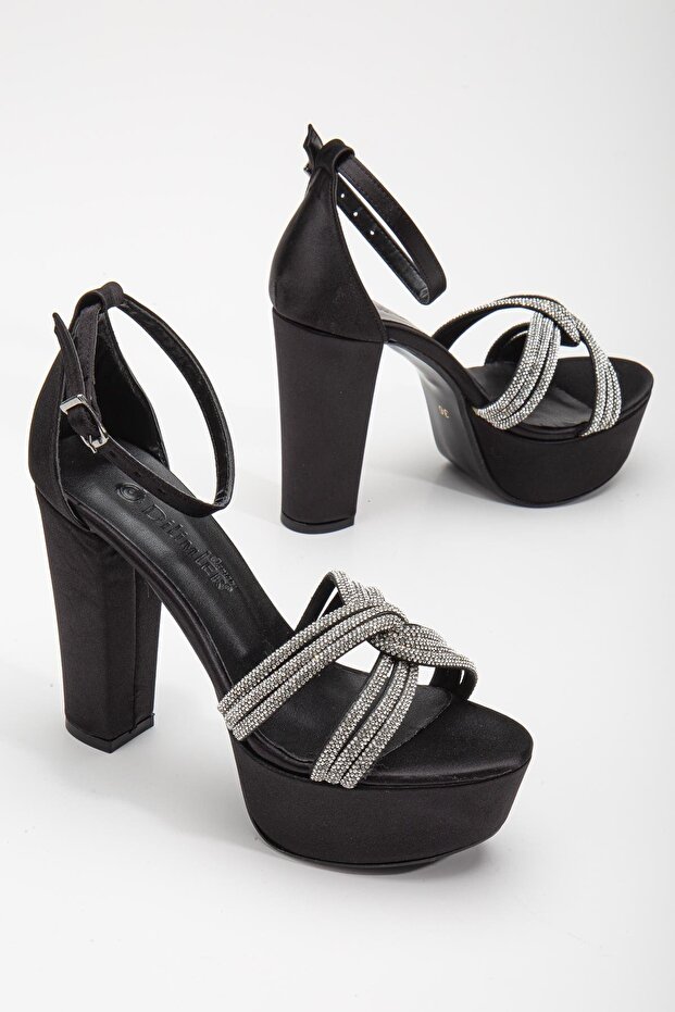 Satin Braid Stoned 40mm Black Women's Platform Heeled Evening Dress Shoes