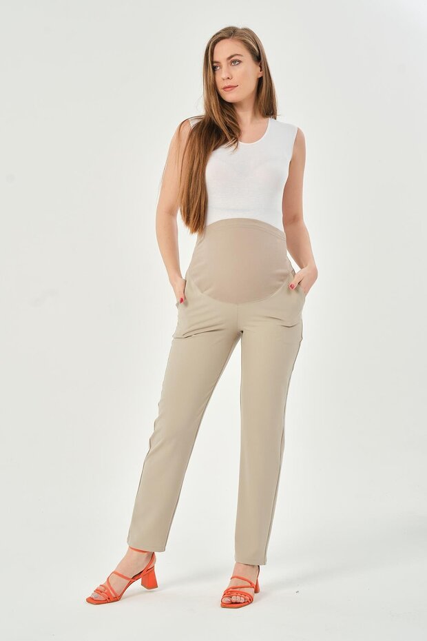 Maternity Flexible Waistband Adjustable Mom Fit Classic Gabardine Trousers Stone