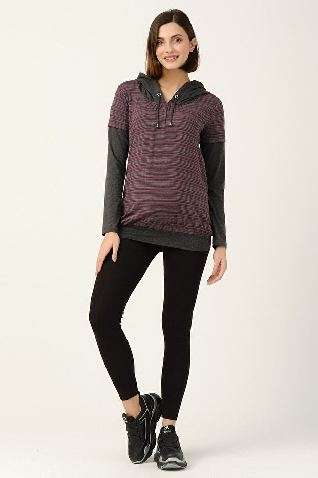Hamile Kapüşonlu Sweatshirt Mor - 2