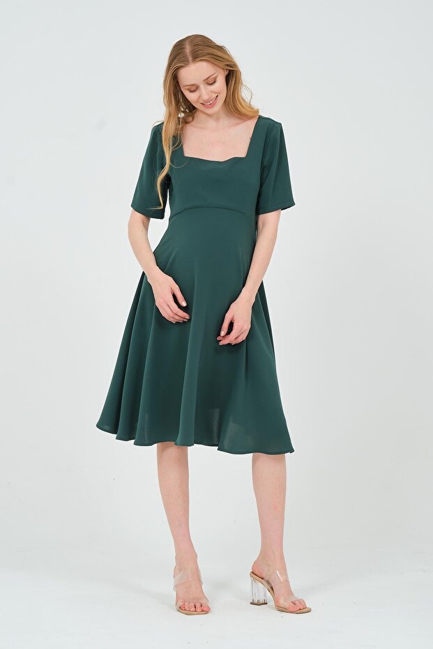 Maternity Midi Length Short Sleeve Square Neck Evening Dress Green