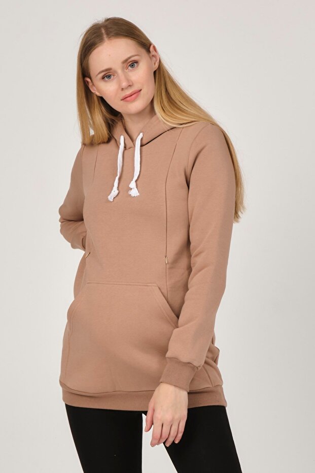 Pregnant Breastfeeding Detailed Thermal Hooded Sweatshirt Beige