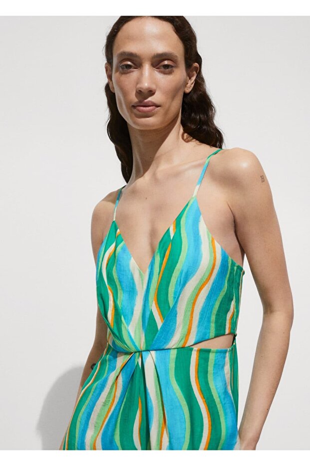 Yırtmaçlı Drape Yaka Desenli Tulum - 1