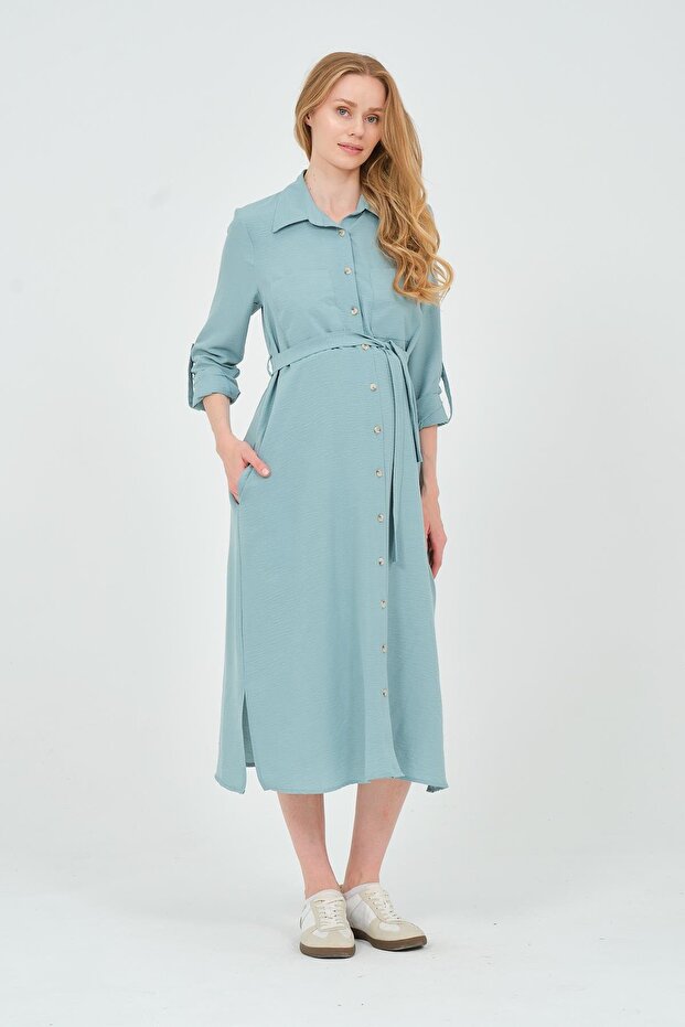 Maternity Shirt Collar Front Pocket Midi Length Dress Turquoise