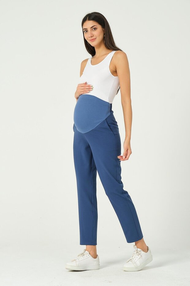 Maternity Flexible Waistband Adjustable Mom Fit Classic Gabardine Trousers Blue