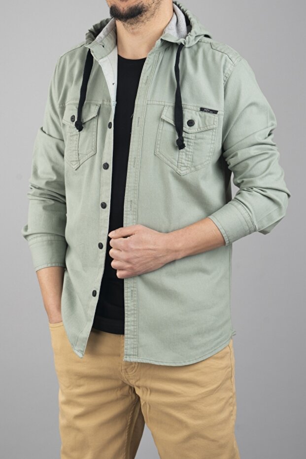 Hooded Slim Fit Men's Denim Shirt Water Green
