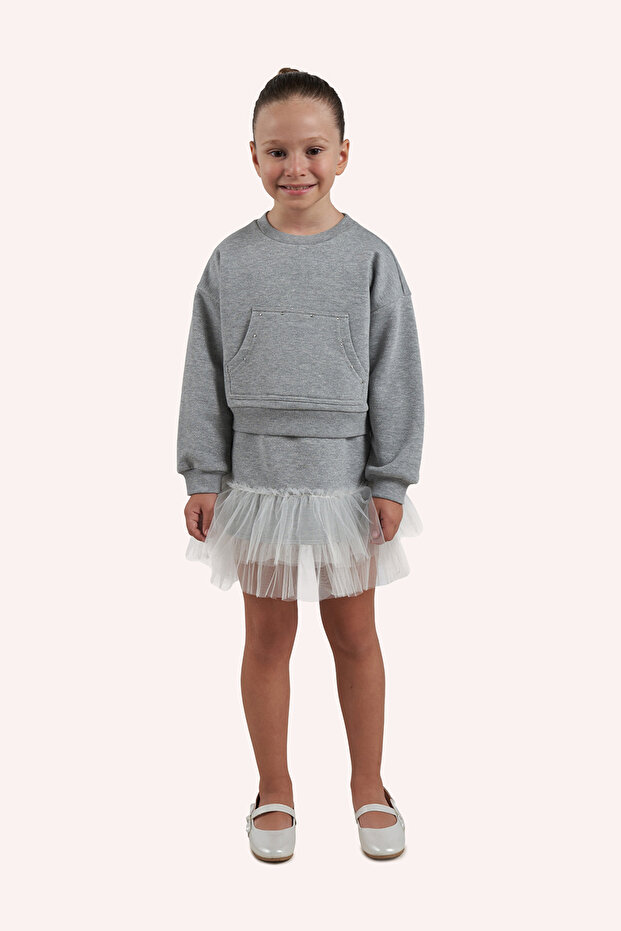 Kız Çocuk İç Elbiseli Gri-Melanj Örme Elbise - 1