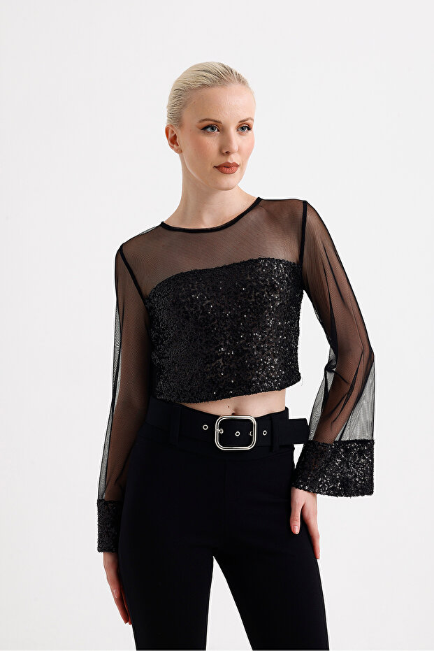 Sleeveless and Front-Back Bottom Sequined Sleeves and Front-Back Top Tulle Long-Sleeved Evening Dress Blouse | Blz35741 Black