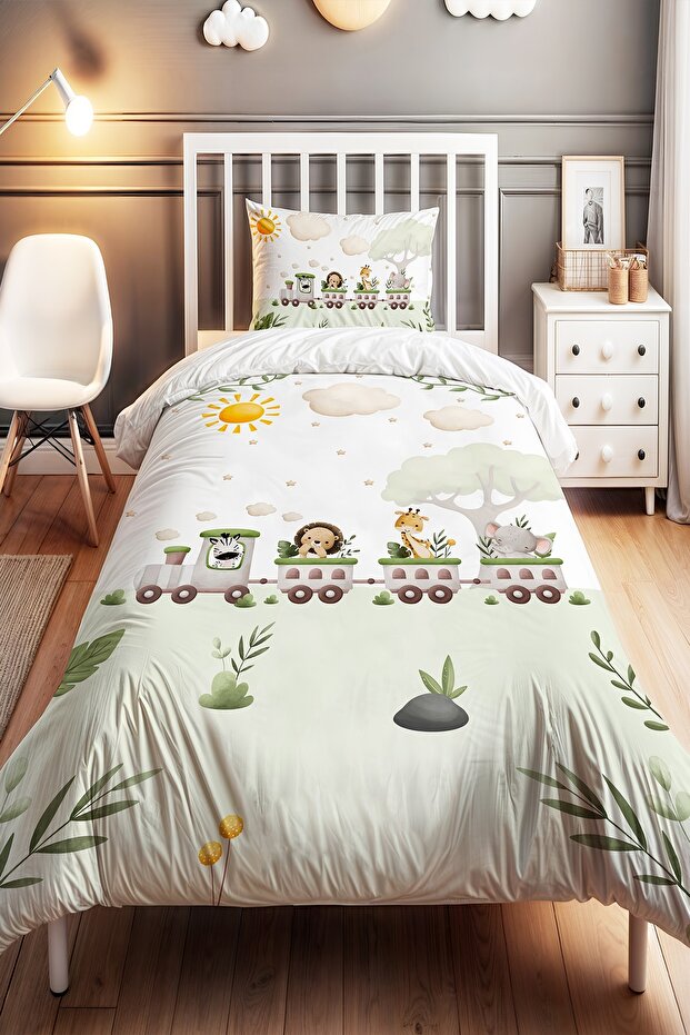 Nature Safari Train Patterned Single Baby Kids Bedding Set
