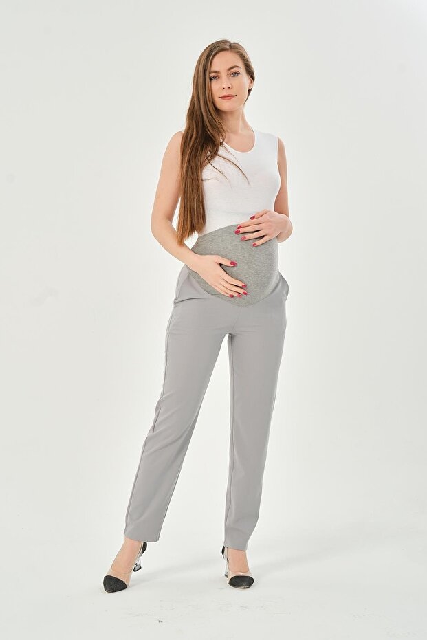 Maternity Elastic Waistband Adjustable Mom Fit Classic Gabardine Trousers Gray