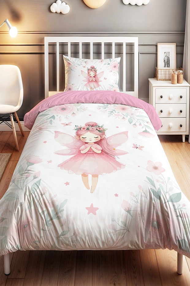 Pink Butterfly Fairy Girl Patterned Single Baby Kids Bedding Set