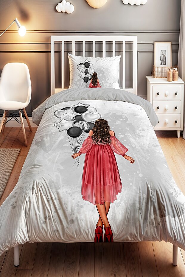 Party Girl in Red Dress Patterned Single Baby Kids Bedding Set