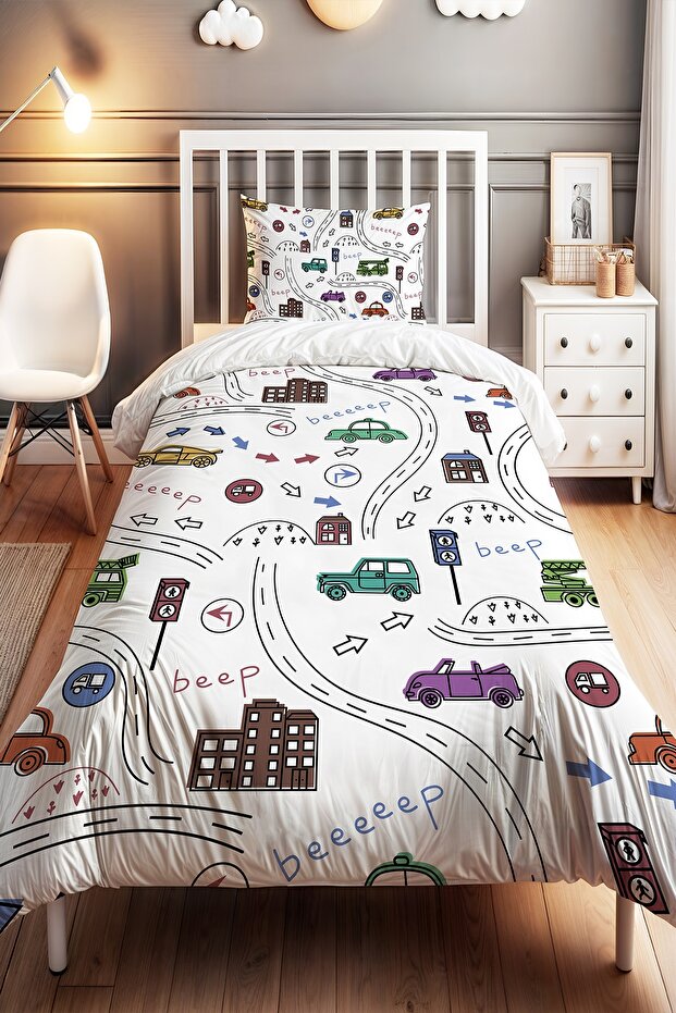 Traffic Beep Beep Patterned Single Baby Kids Bedding Set