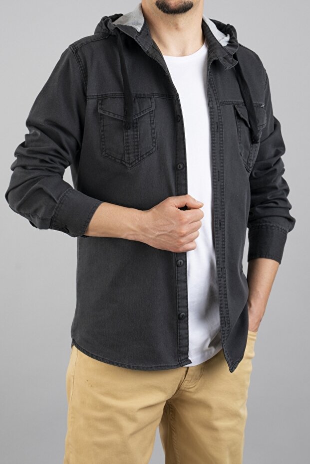 Hooded Slim Fit Men's Denim Shirt Smoked