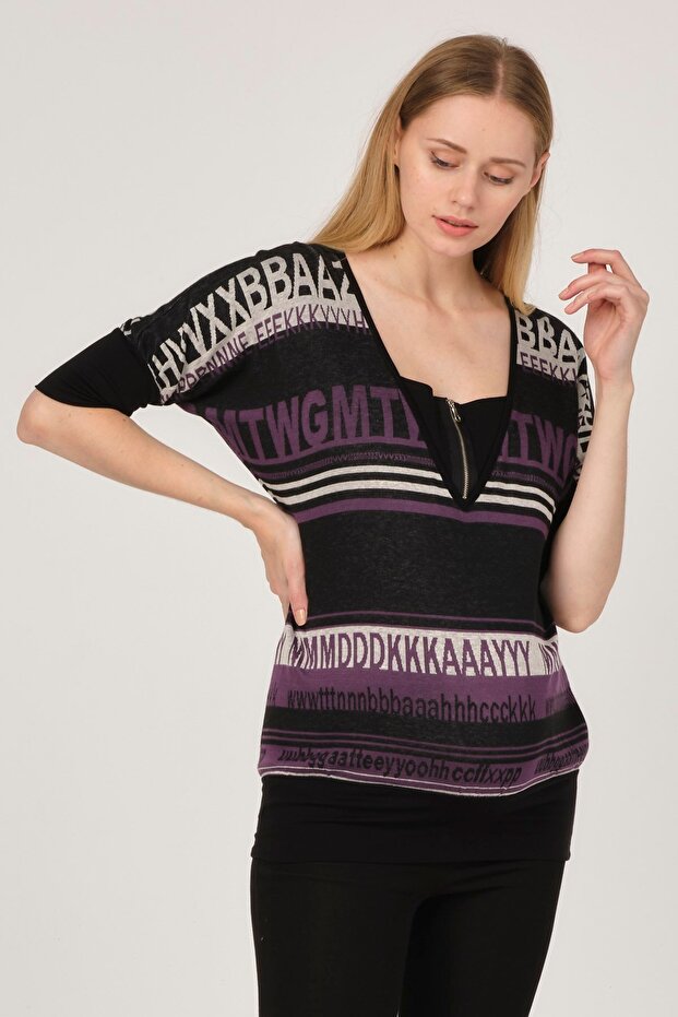 Maternity Zippered Patterned Tunic Purple - 1