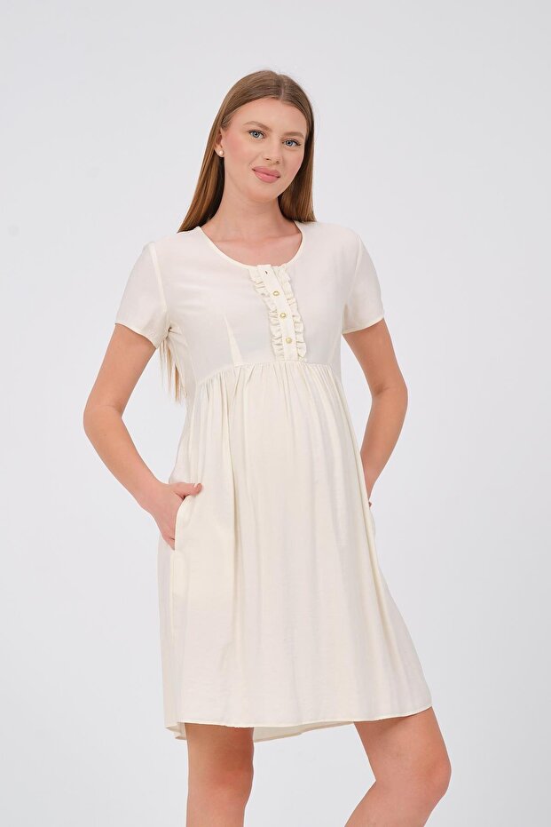 Maternity Linen Short Sleeve Dress with Ruffles on the Front Ecru