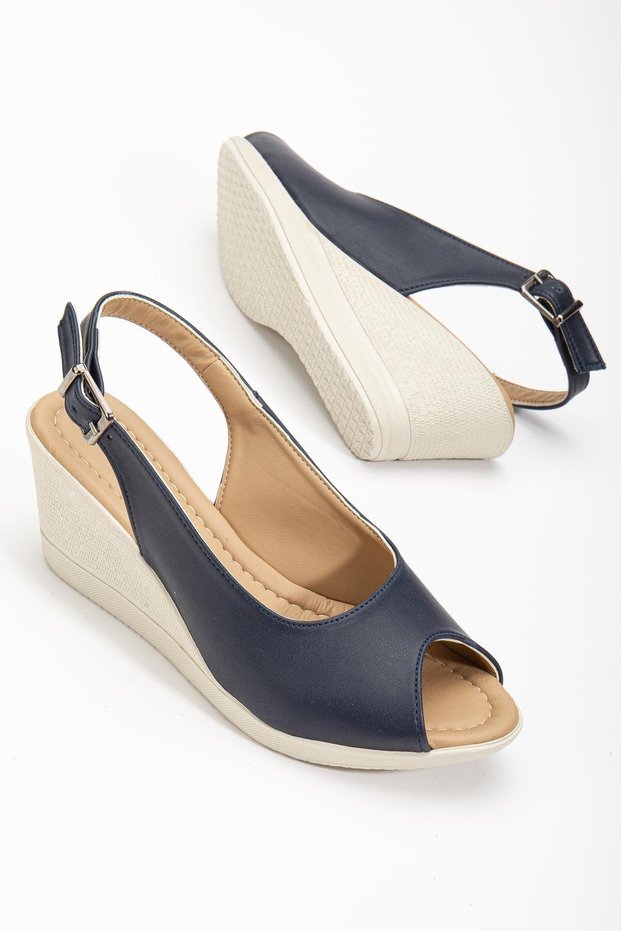 Wedge Sole Toe and Back Open Orthopedic Faux Leather Navy Blue Women's Wedge Heel Shoes