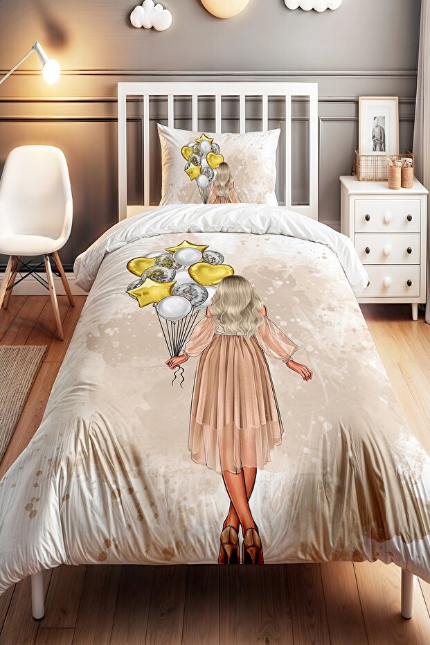 Yellow Star Balloon Girl Patterned Single Baby Kids Bedding Set