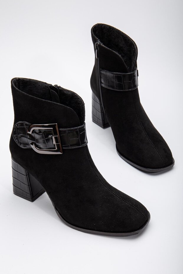 Suede Metal Belted Black Women's Heeled Boots