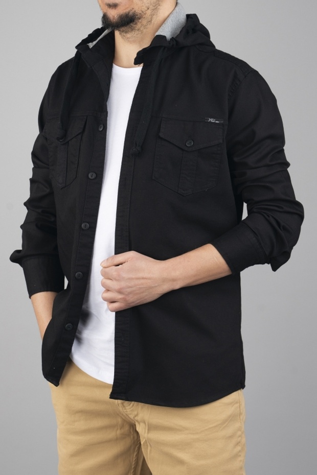 Чоловіча джинсова куртка з капюшоном з чорного деніму Сорочка з капюшоном - 1