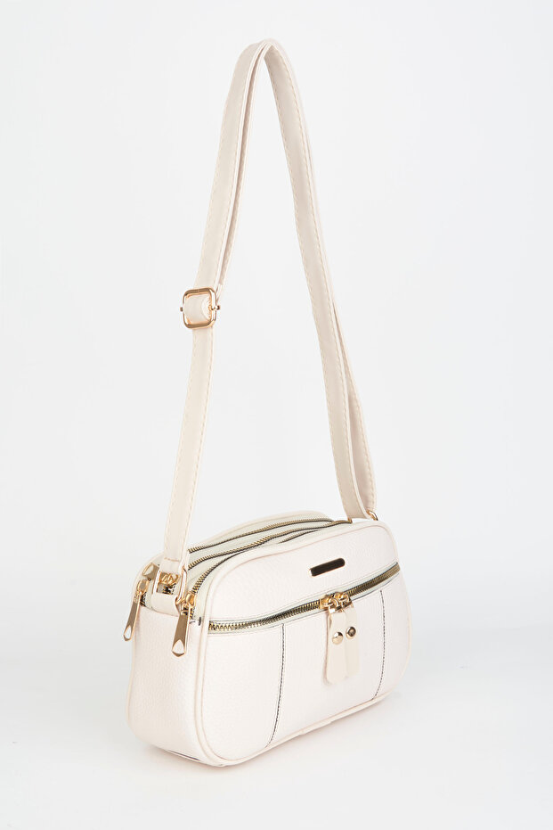 Women's Squirrel Cream 4 Compartment Faux Leather Medium Size Zipper Closure Handbag and Shoulder Bag