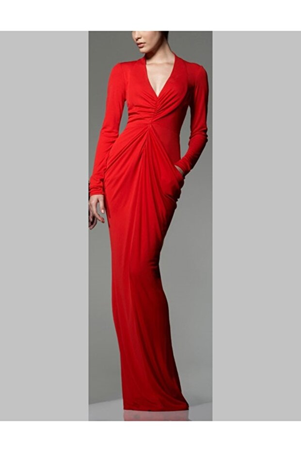 V-Neck Long Dress with Pocket Detail - Red