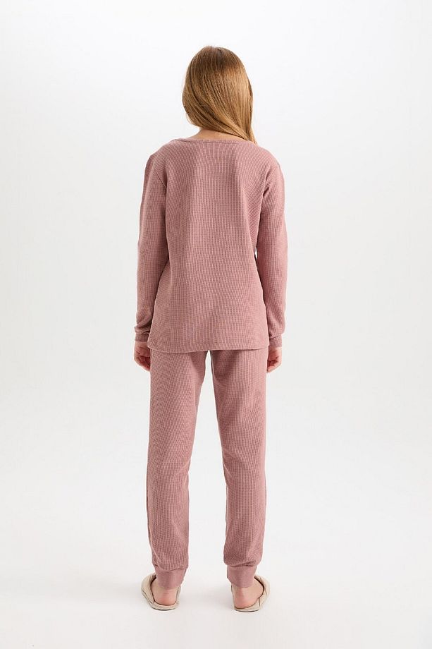 Kız Çocuk Pijama Takım Dokuma Etiketli Waffle Uzun Kollu Üst Beli Lastikli Uzun Alt D6054a824au - 5