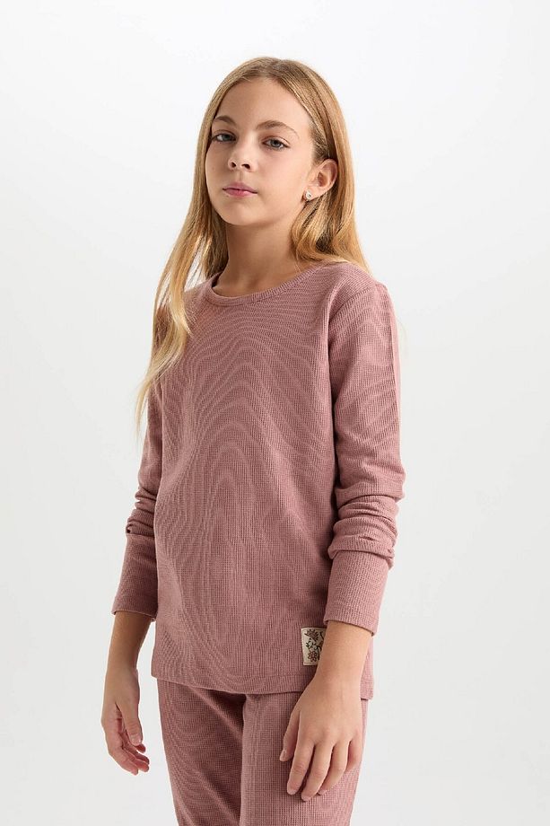 Kız Çocuk Pijama Takım Dokuma Etiketli Waffle Uzun Kollu Üst Beli Lastikli Uzun Alt D6054a824au - 3