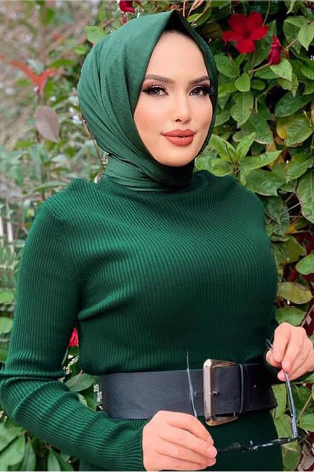 Kadın Yeşil (ZÜMRÜT) Fitilli Triko Elbise T 0014 - 1
