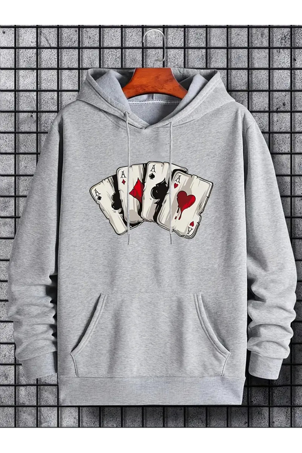 Unisex Three Thread Cotton Men's Oversized Hooded Sweatshirt Card Game-Hoodie, Printed Gray