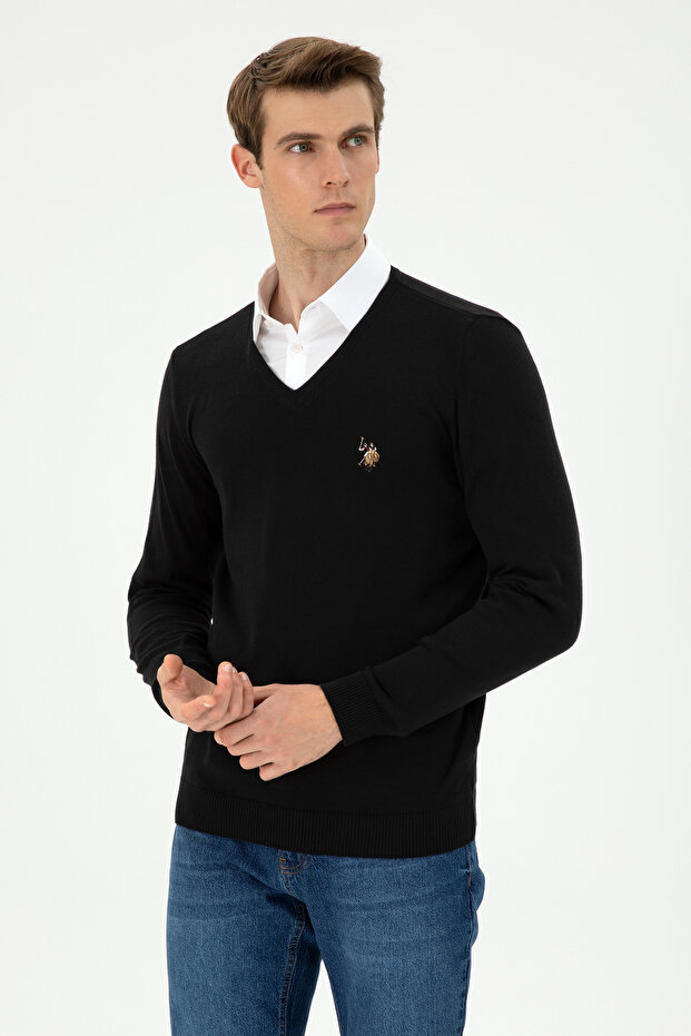 Men's Slim Fit V-Neck Black Basic Sweater 50288885-Vr046