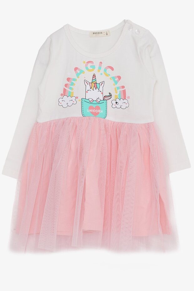 Kız Çocuk Uzun Kollu Elbise Unicorn Baskılı 1.5-5 Yaş, Ekru - 1