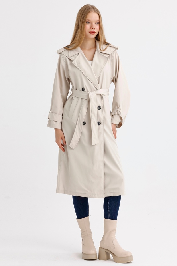 Women's Belted Collar and Sleeve Detailed Pocket Unlined Seasonal Double Breasted Trench Coat