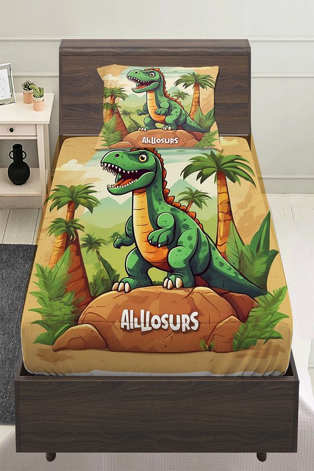 Dinazor Desenli Erkek Çocuk Tek Kişilik Yastıklı Lastikli Çarşaf Takımı 100x200cm - 1