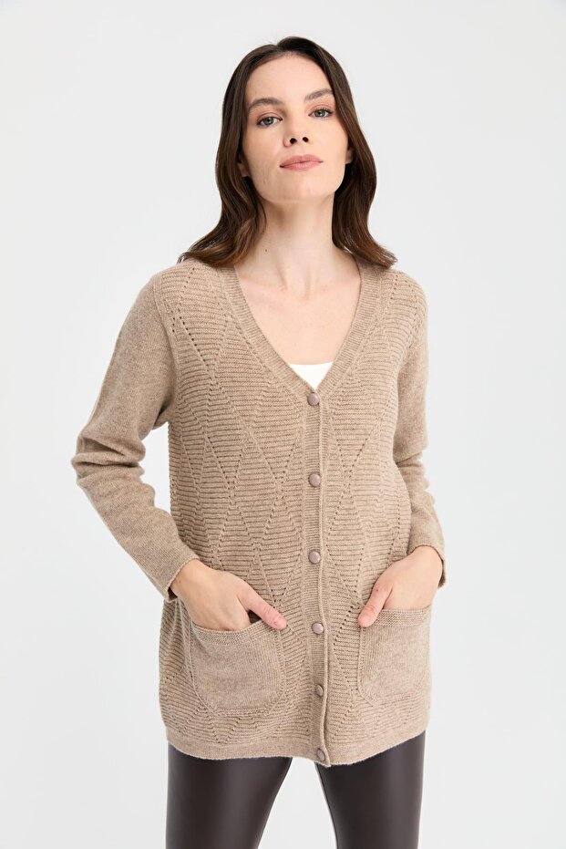 Women's V-Neck Seamless Wool Cardigan with Diamond Buttons on the Front, Dark Beige