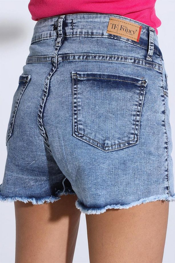 Fancy Kadın Yüksek Bel Paçası Yırtık Detaylı Basic Mini Kot Şort - 6