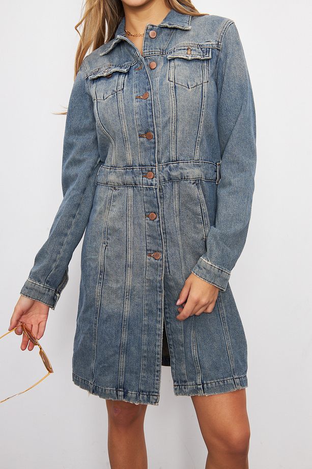 Açik Mavi Vintage Yıkama Regular Fit Jean Elbise - 8